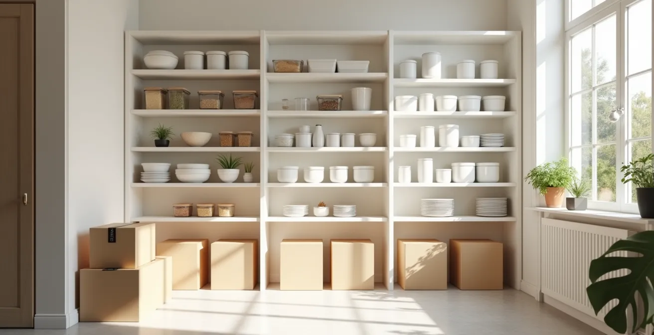 Organized pantry with automated delivery boxes and supply tracking system