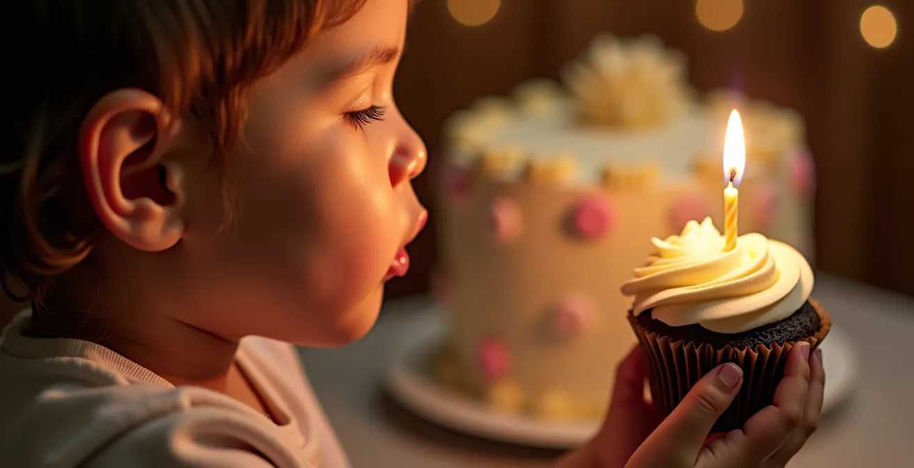Child blowing candle on personal cupcake while decorated main cake stays untouched