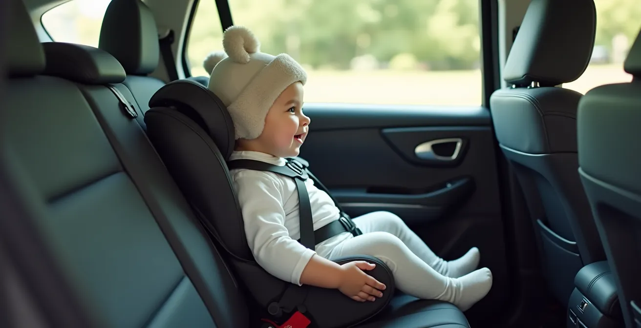 Side view of baby in car seat showing proper head position and hat fit