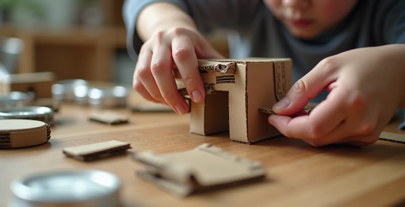 Close-up view of hands assembling cardboard robot costume pieces using slot and tab technique