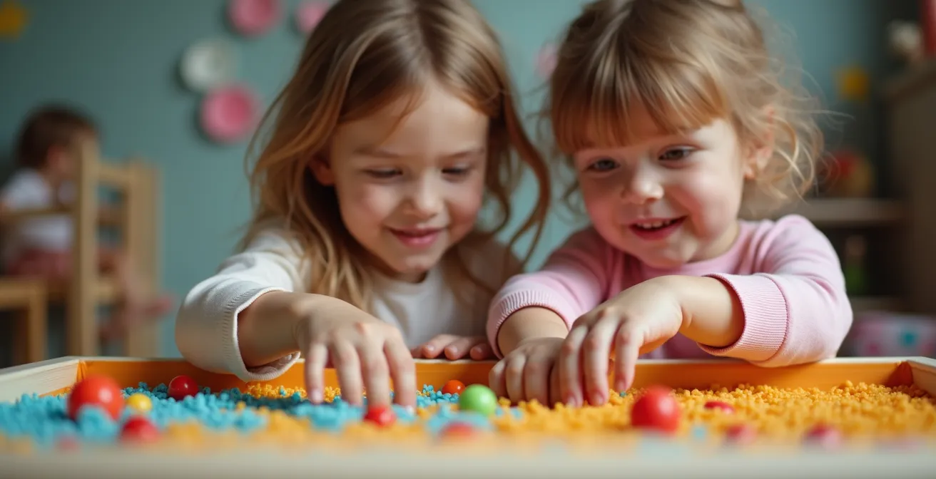 Children engaged in a calm sensory bin activity at a birthday party