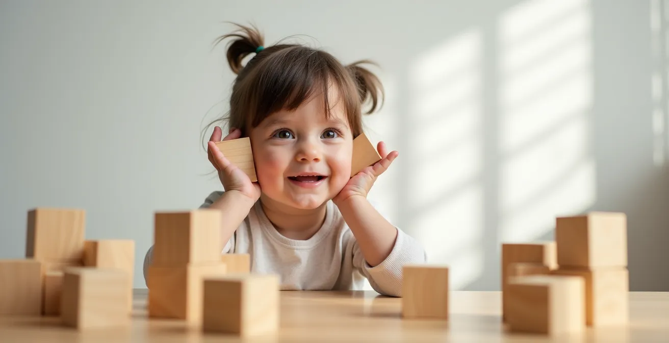 Child holding wooden block near ear pretending it's a phone, surrounded by block structures