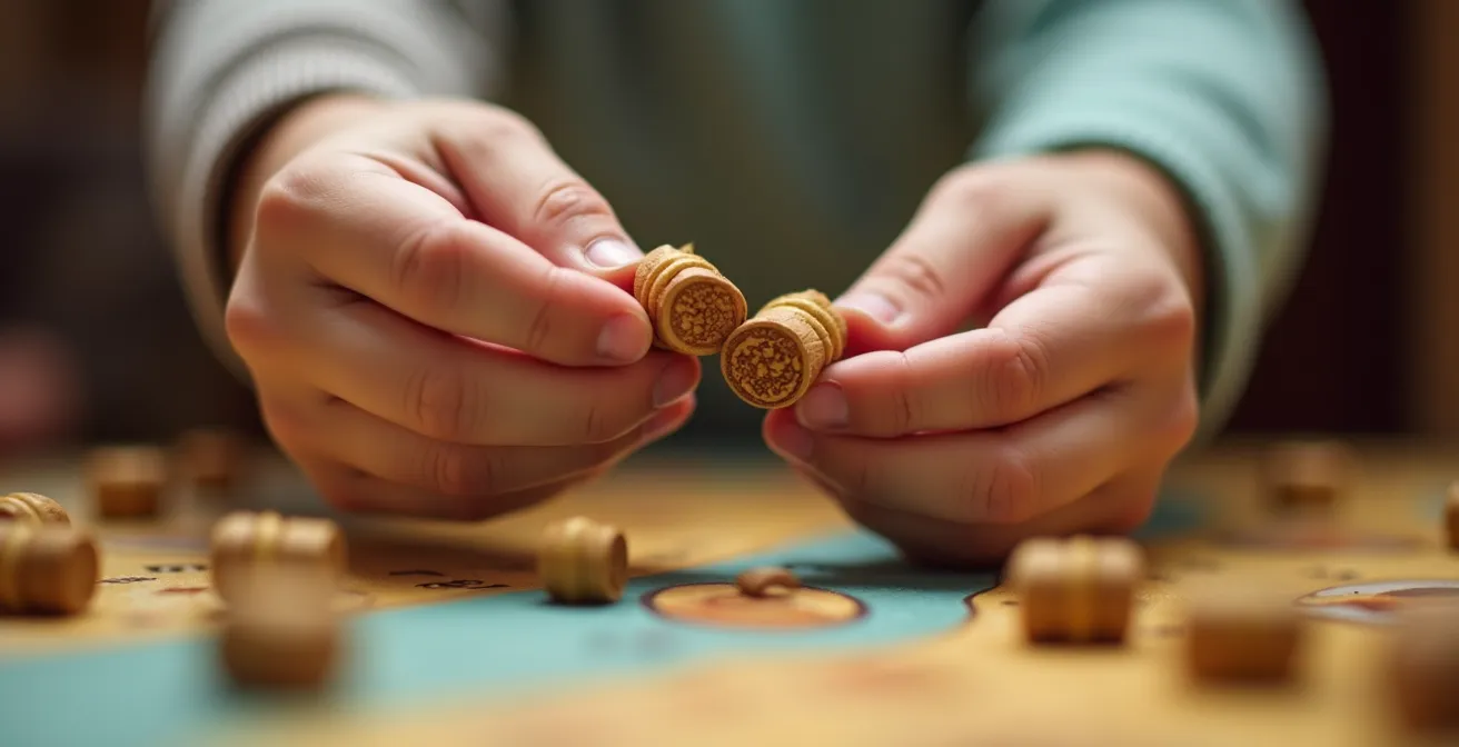 Close-up of children's hands exchanging colorful game pieces during negotiation