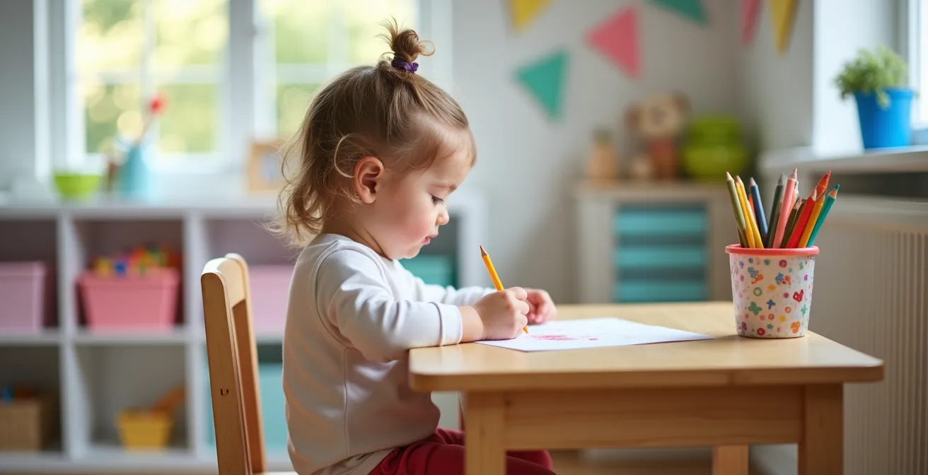 Side view of a child sitting at properly adjusted craft table showing correct 90-degree angles at knees and elbows