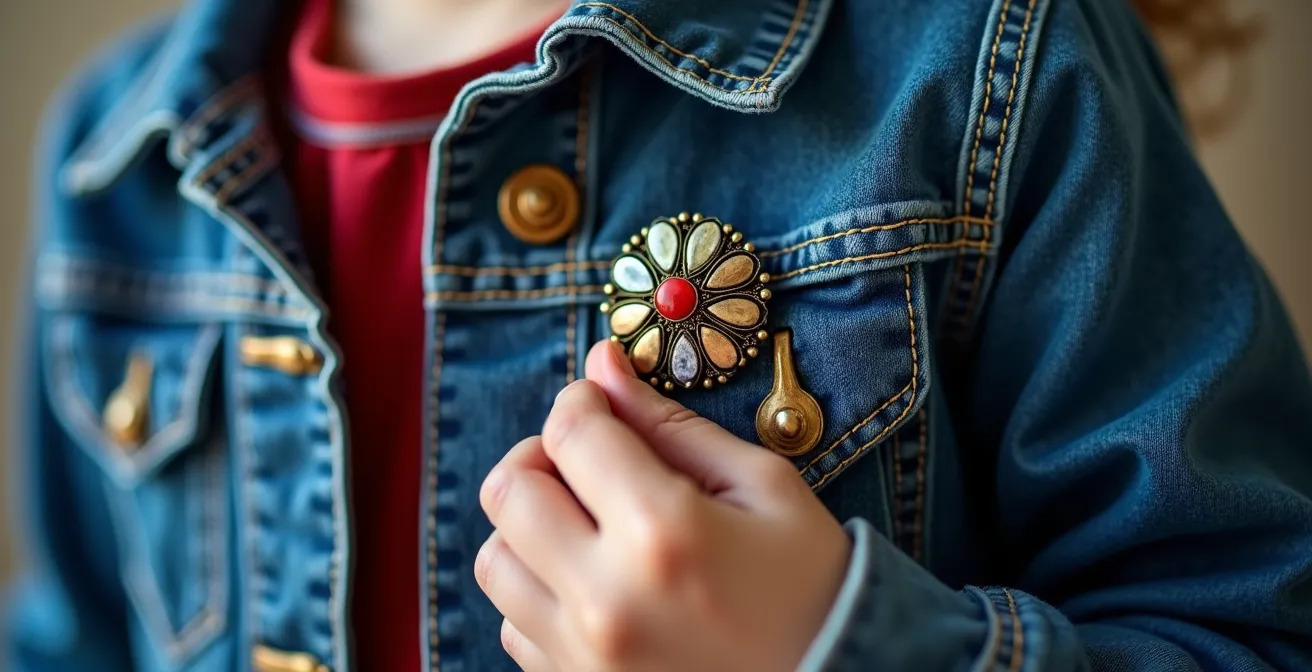Close-up of child's denim jacket featuring a single vintage brooch as a focal point against a modern casual outfit