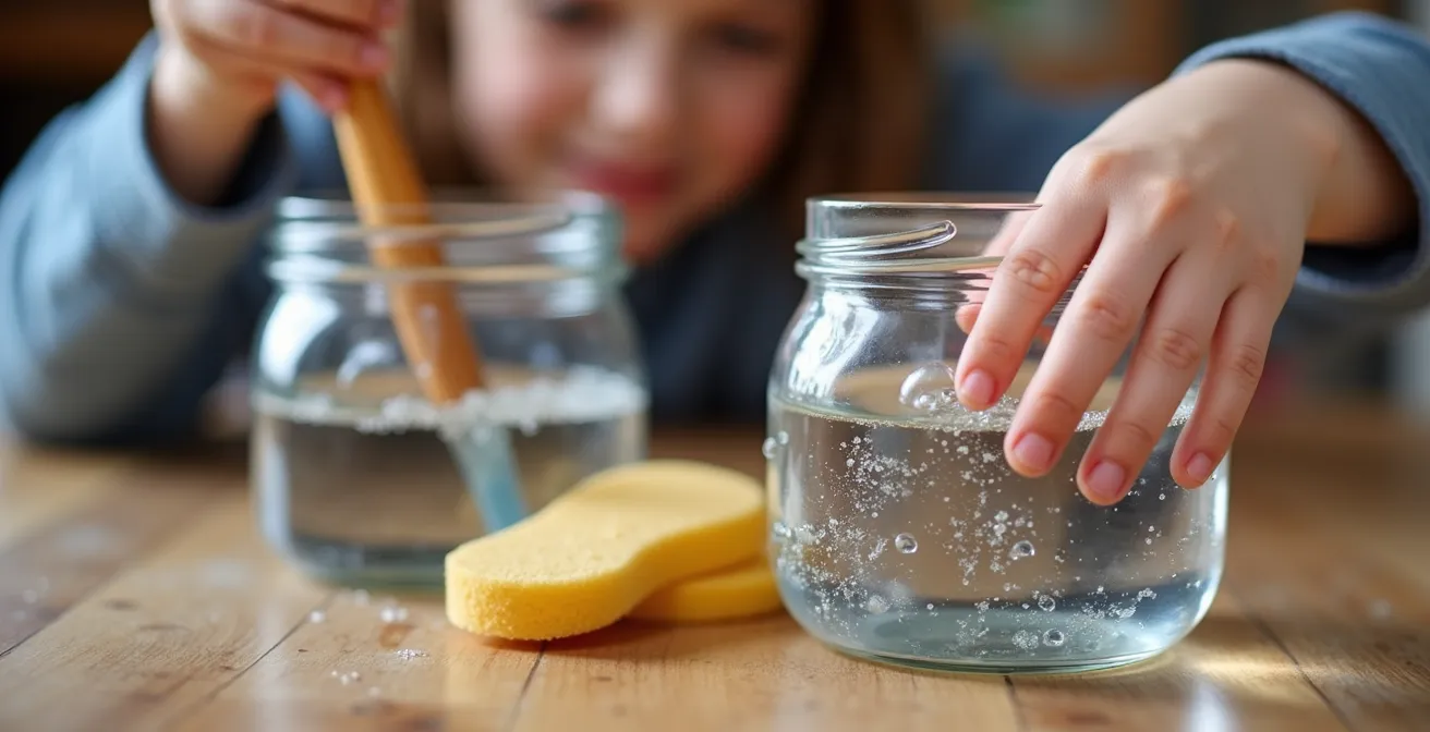 Close-up of small hands using the two-jar Montessori brush cleaning method with clear water containers