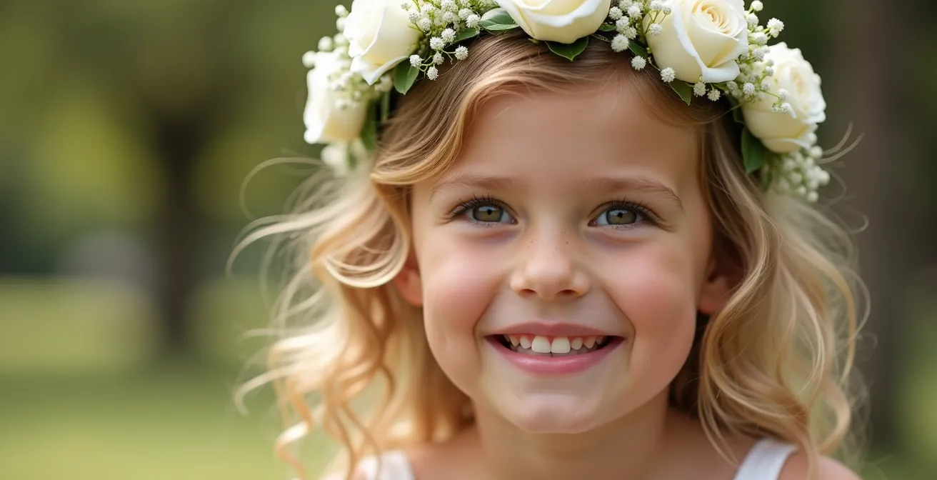 Close-up portrait of a young girl with a flower crown headband in an outdoor setting