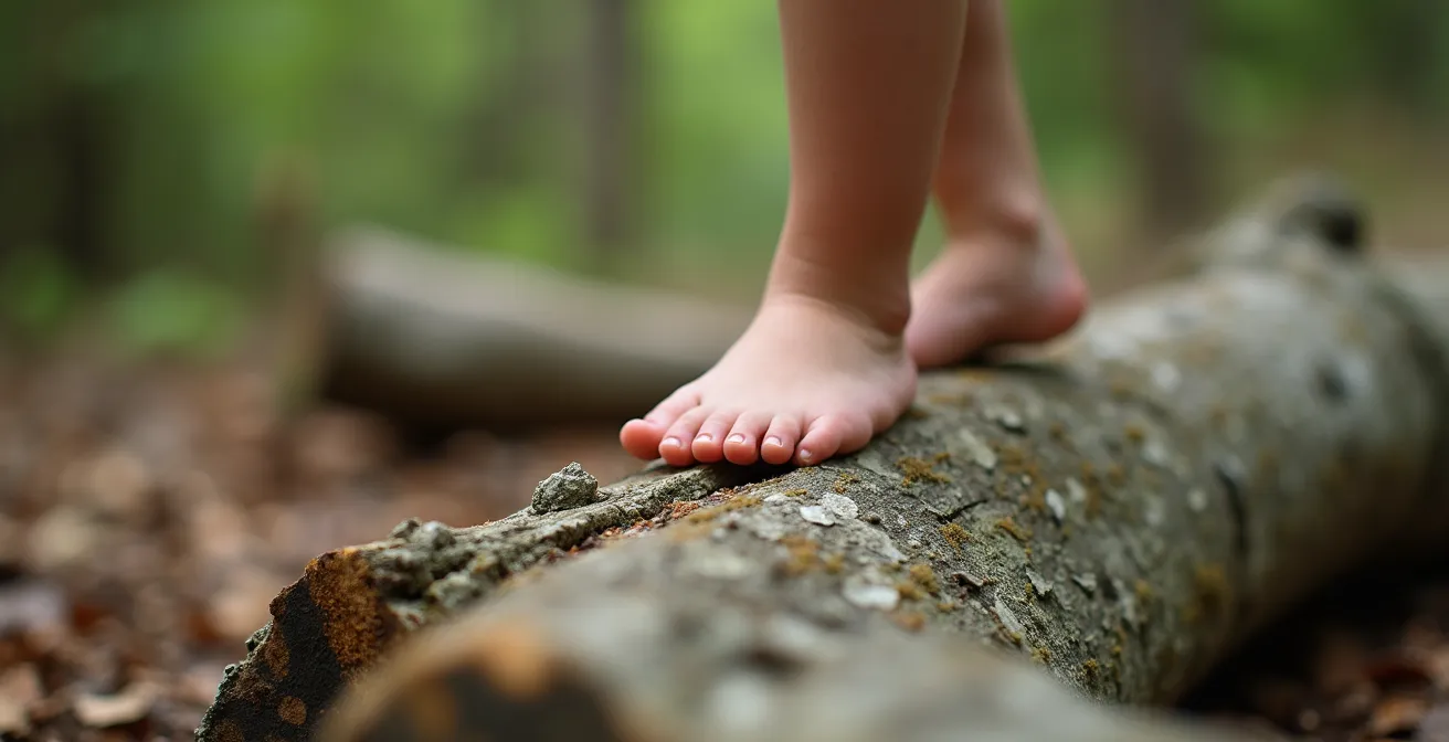 Close-up of child's feet balancing on natural log obstacle course
