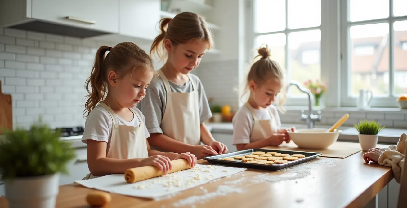 Children of different ages working together in a kitchen preparing holiday treats
