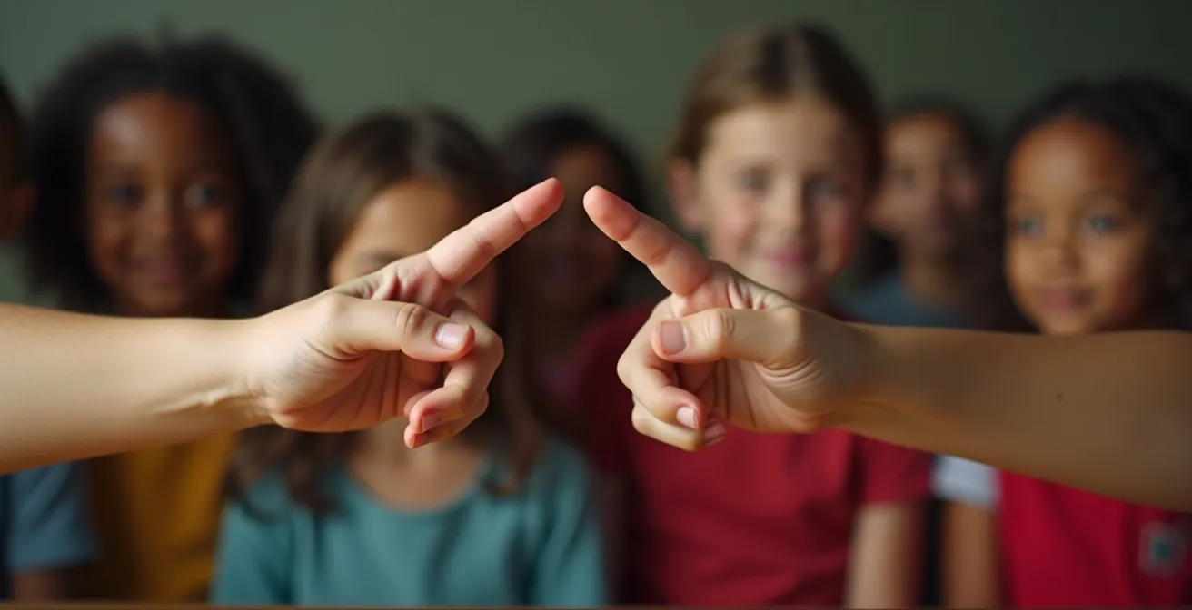 Two children playing rock-paper-scissors while other kids watch, demonstrating peer conflict resolution