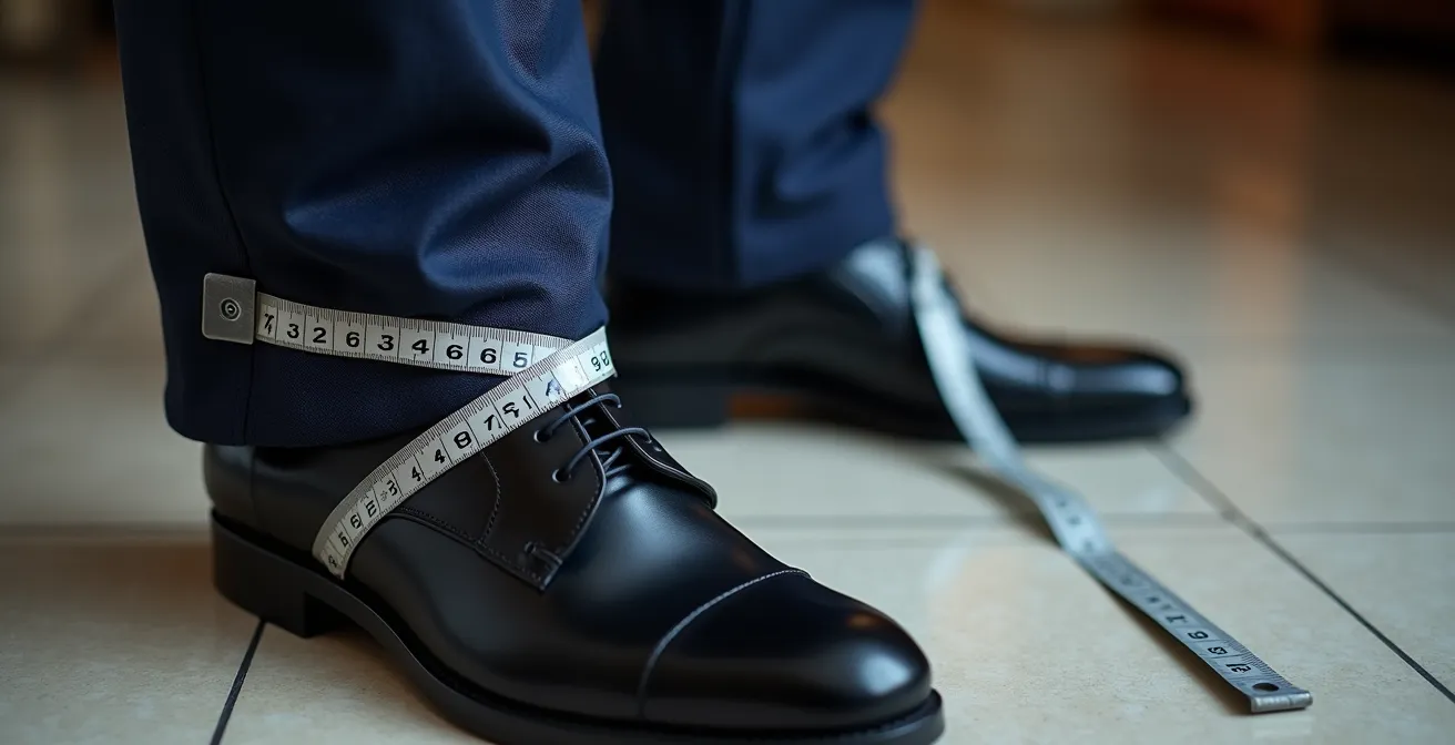 Detailed view of measuring trouser hem length with dress shoes on