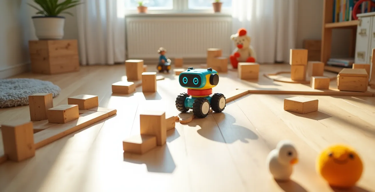 Wide shot of a coding robot navigating through a creative obstacle course made from everyday toys