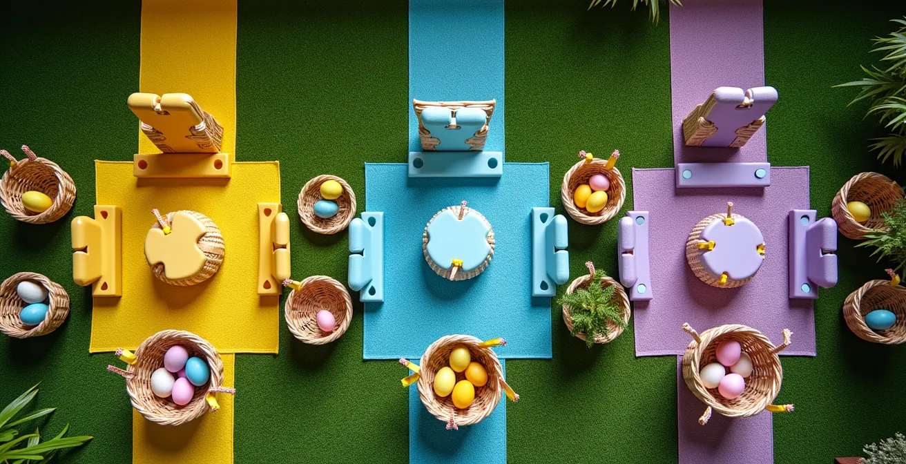 Overhead view of a backyard divided into colored zones with matching Easter eggs