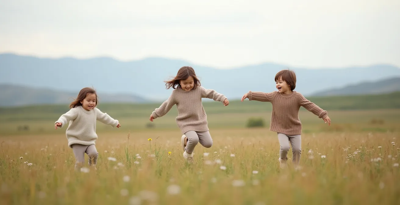 Happy siblings in comfortable coordinated outfits playing naturally outdoors