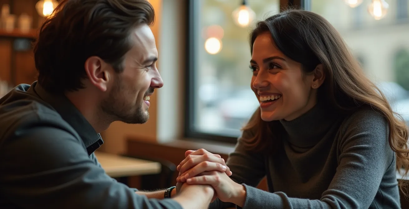 Couple having deep conversation over coffee in cozy setting