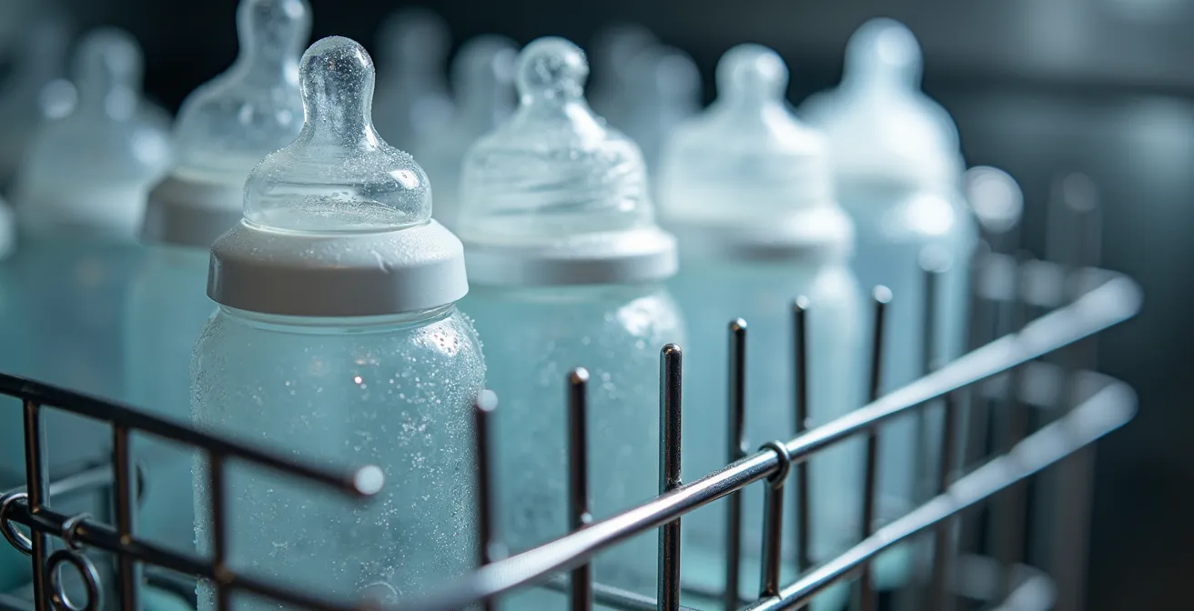 Top-down view of open dishwasher with baby bottles arranged properly