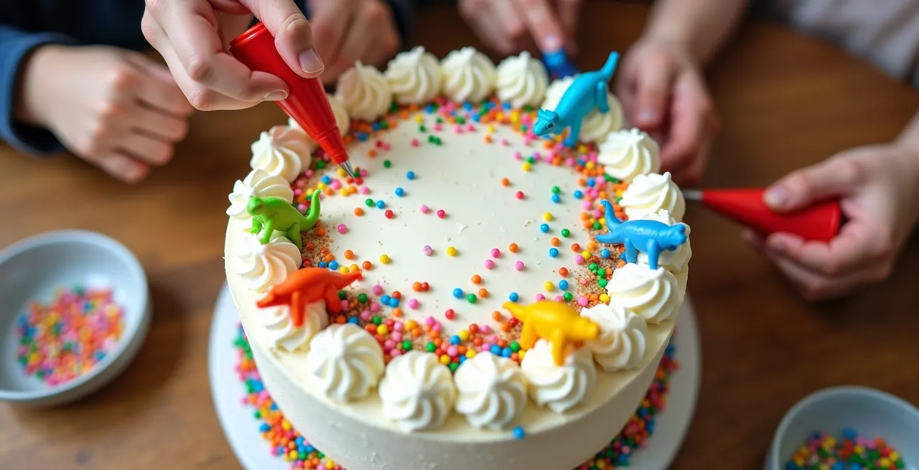 Children decorating a plain supermarket cake with colorful toppings at a birthday party