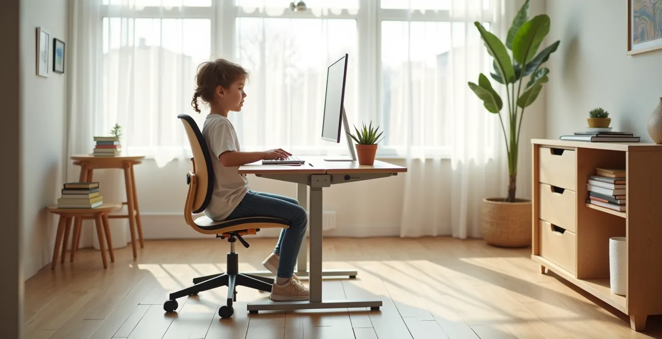 Wide shot of child at adjustable desk showing perfect ergonomic triangle setup