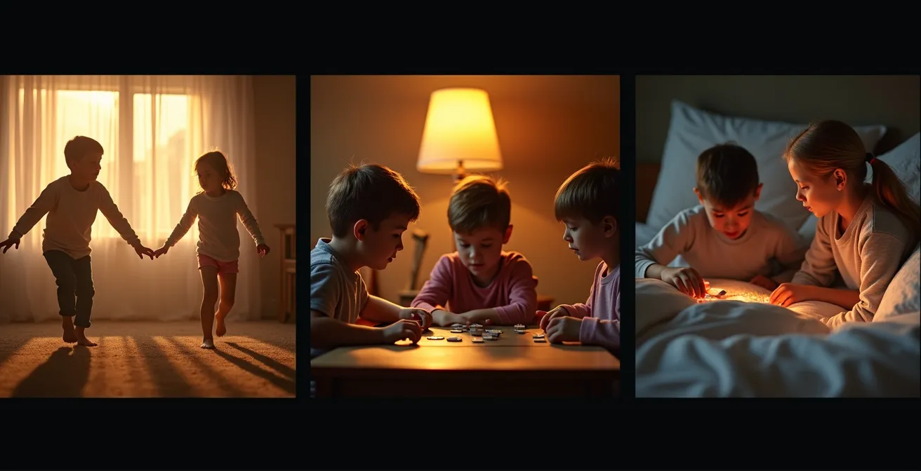 Children transitioning from active to calm games in evening sequence