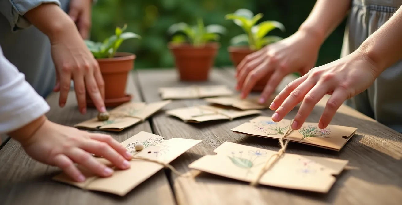 Child's hands holding decorated seed packets as party favors with planting instructions