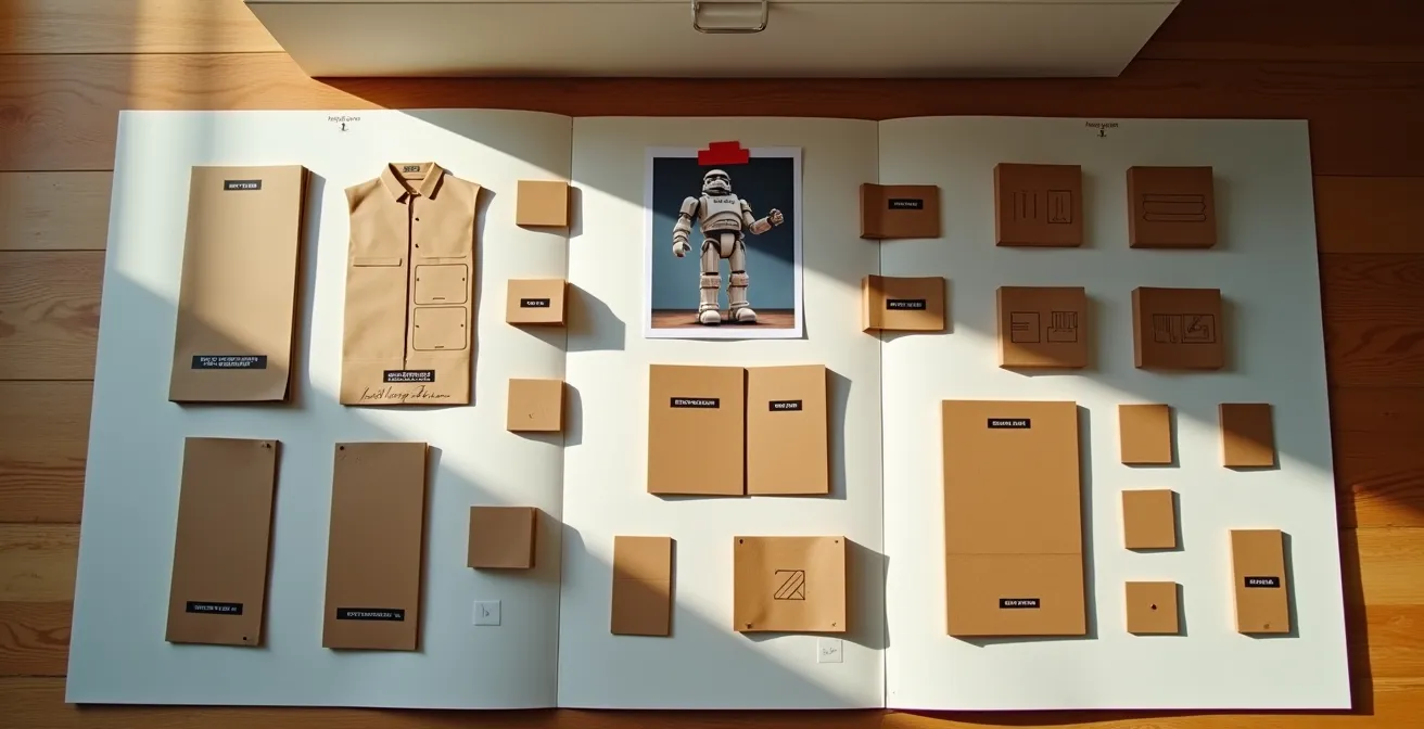 Organized flat cardboard costume pieces labeled and stored in a portfolio case with assembly photo