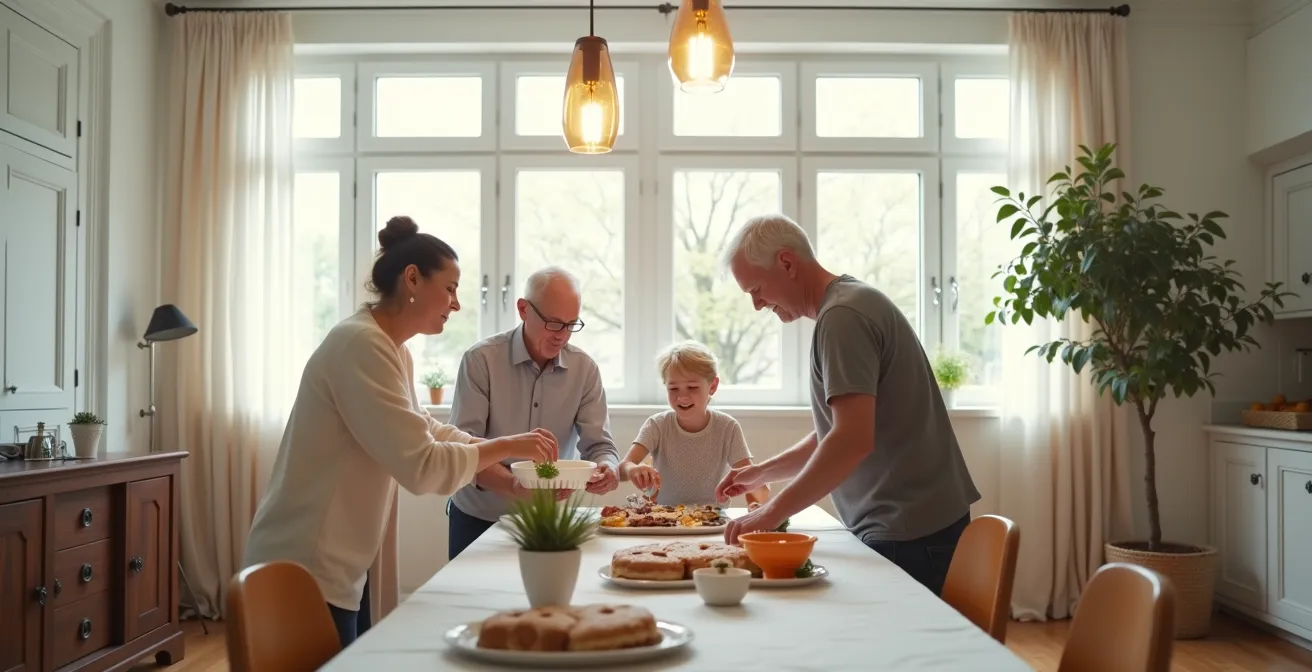 Grandparents and parents collaborating on party preparations together in a bright, organized living room