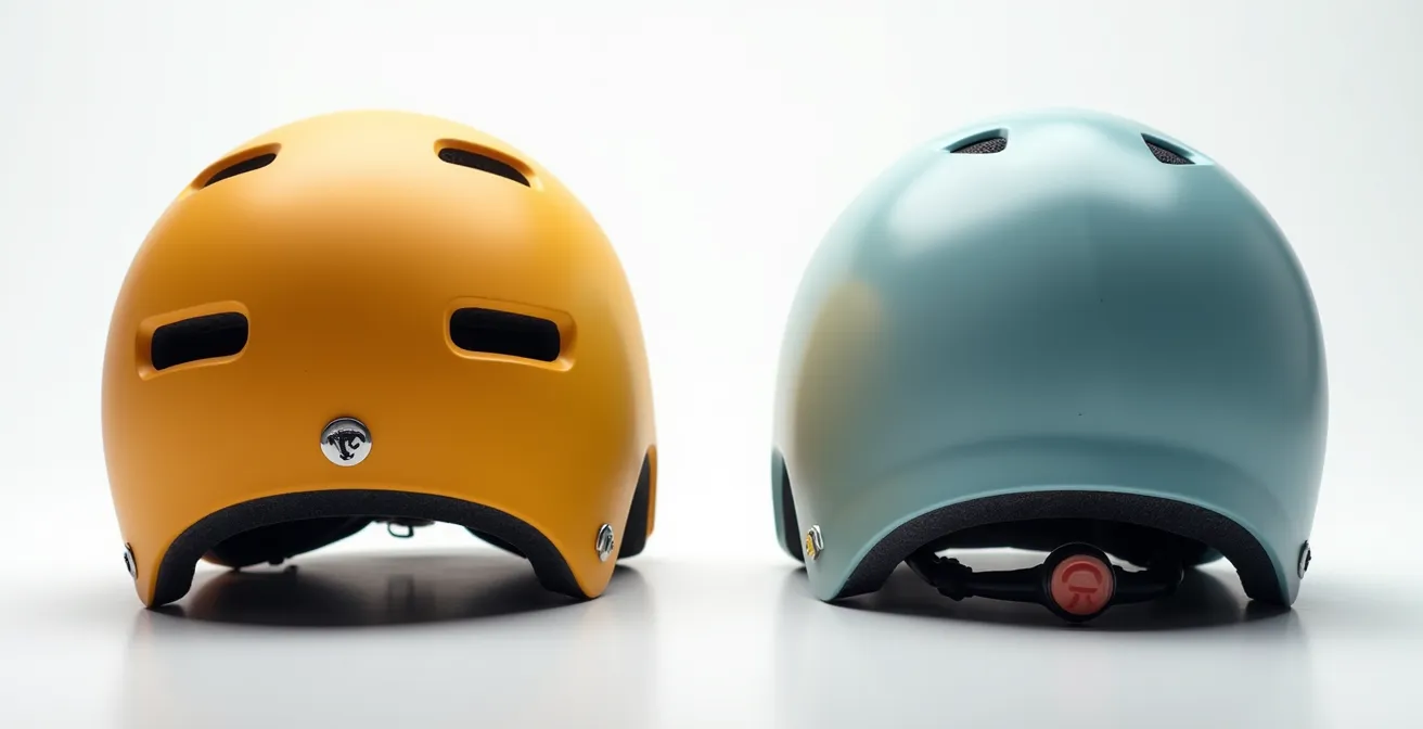 Close-up comparison of bike helmet versus skate helmet rear coverage design