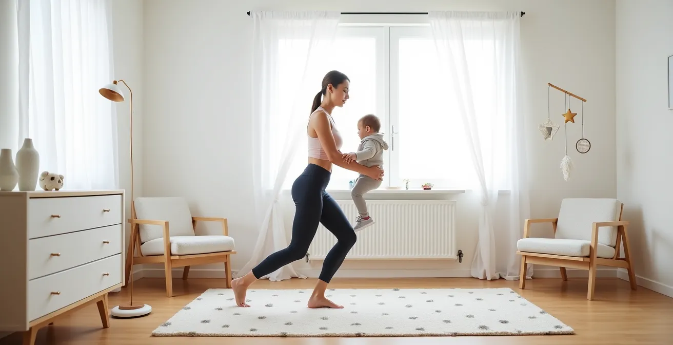 Woman demonstrating proper lifting technique while holding baby carrier