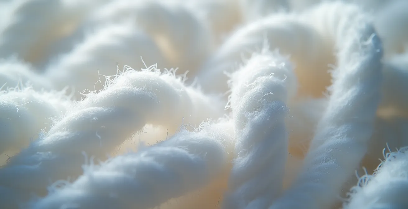 Extreme close-up of organic cotton fibers showing their natural hollow structure which allows for breathability.