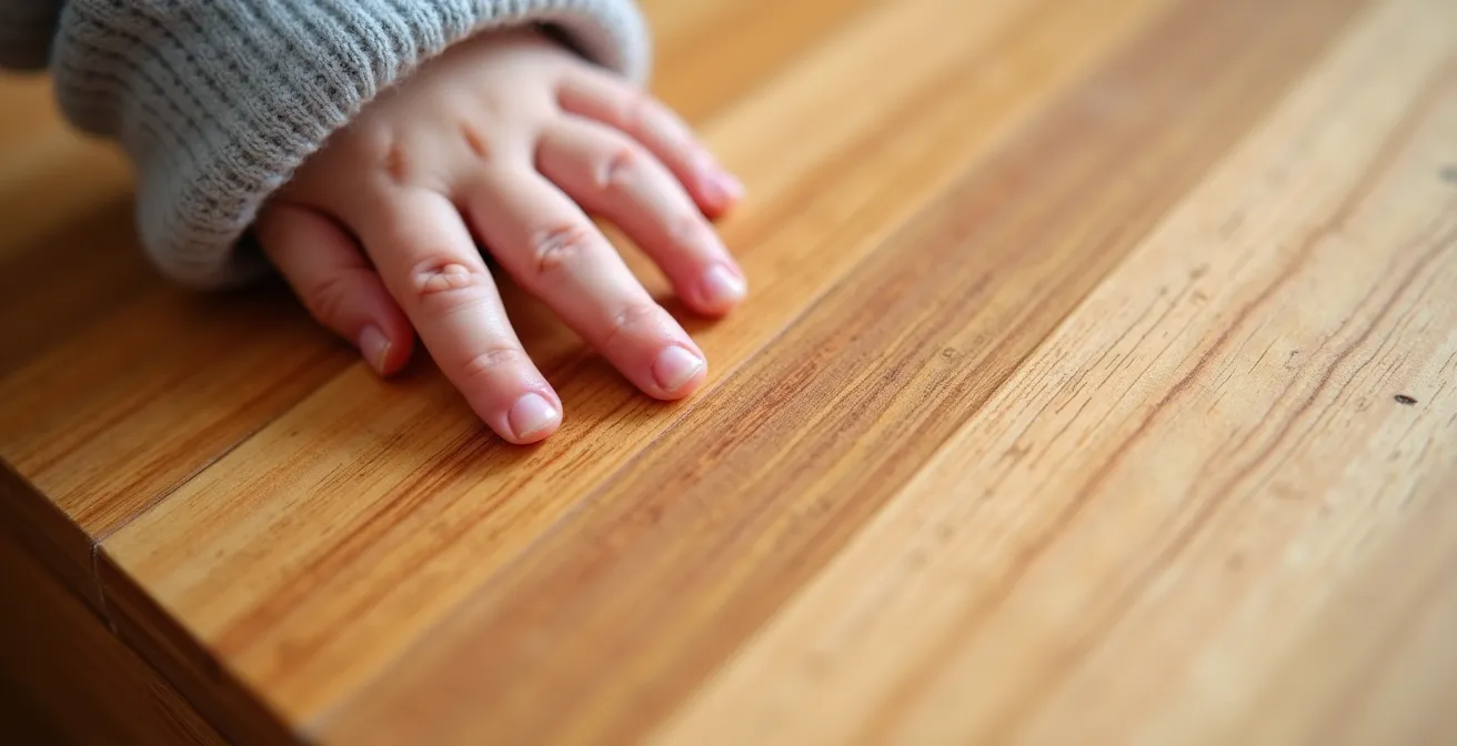 Extreme close-up of unfinished wooden block showing natural wood grain and smooth sanded surface