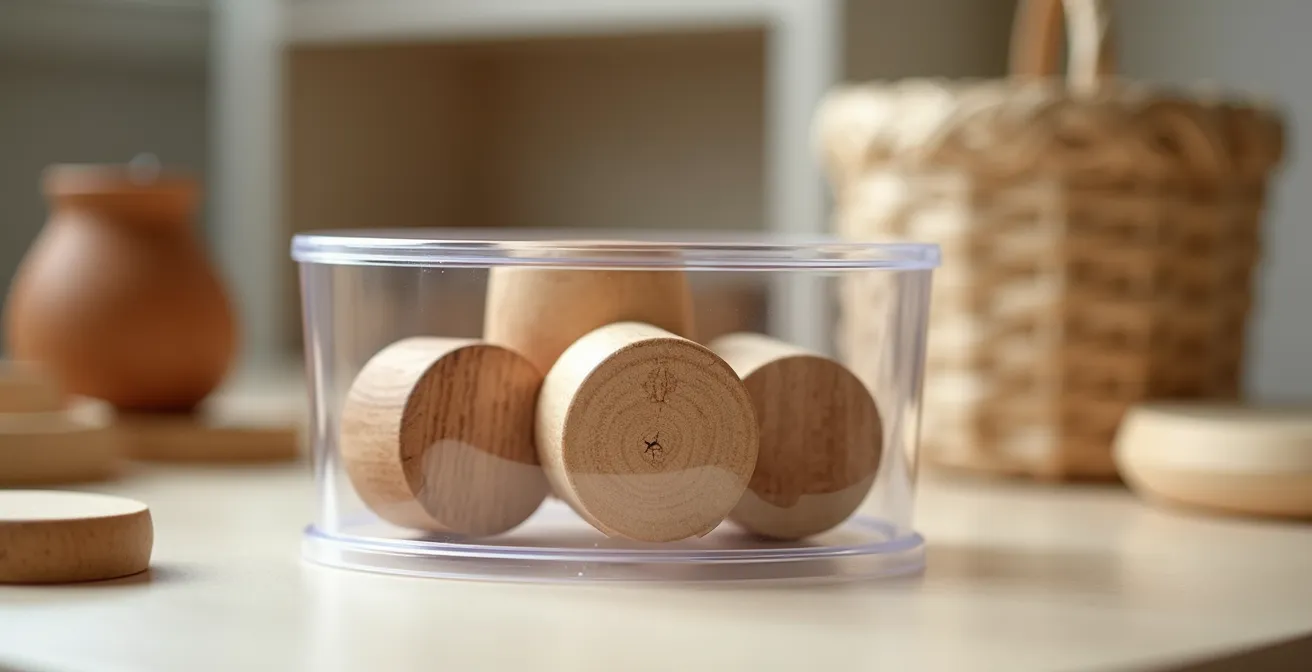 Close-up macro photograph showing organized wooden toys in clear containers on a minimalist shelf, demonstrating visual clarity for toddler cognitive development.