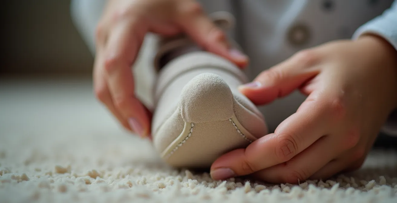 Parent's hands checking toddler shoe fit using the thumb-width method