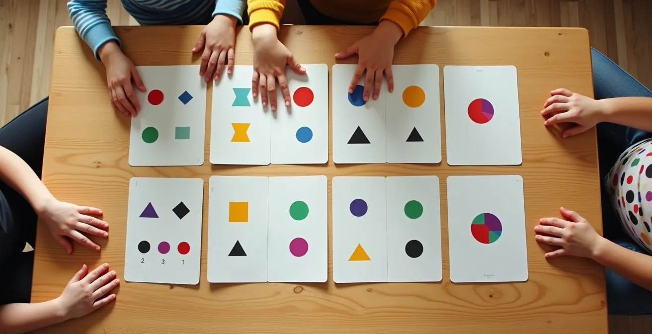 Mathematical memory game setup with cards arranged in grid pattern