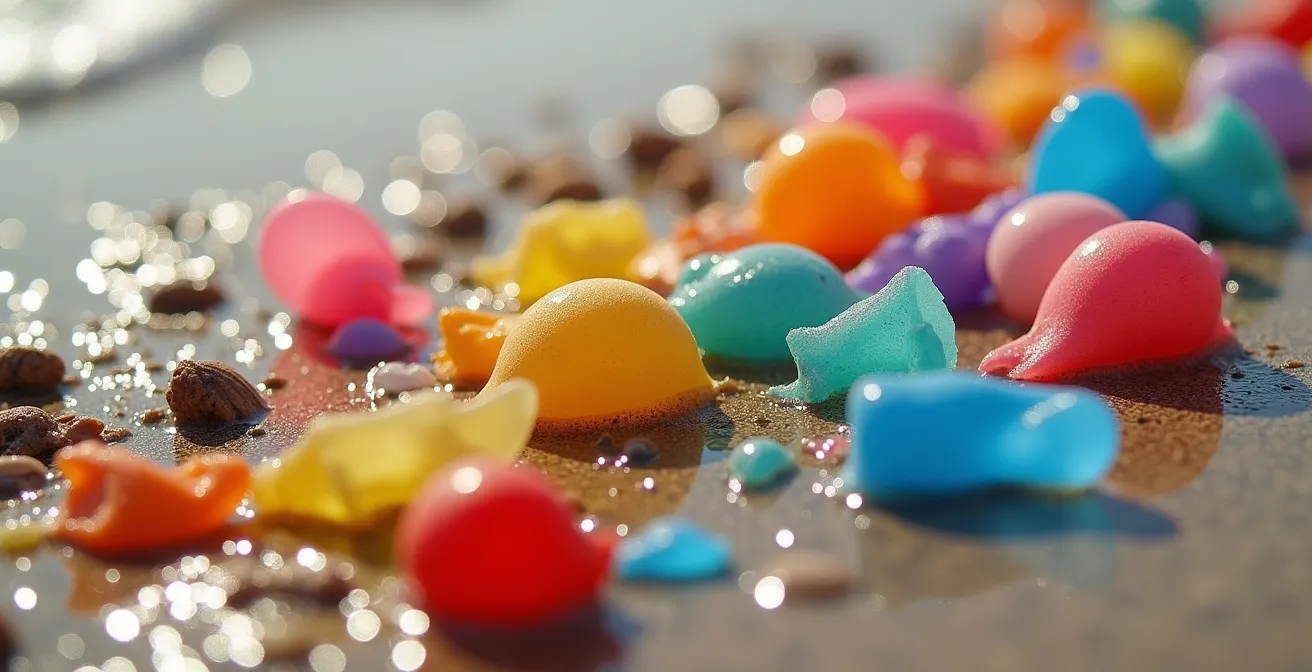 Close-up macro view of balloon fragments breaking into microplastics on a beach
