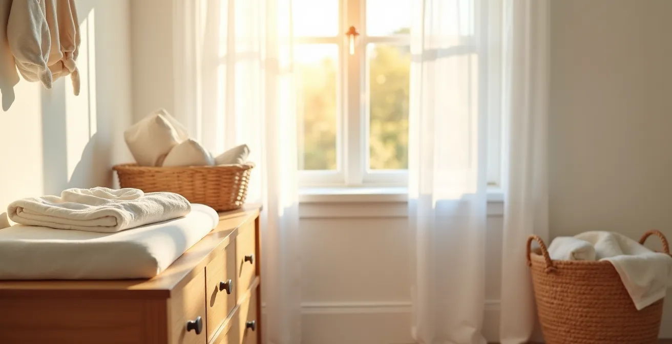 Wide angle view of serene nursery changing table with soft morning light