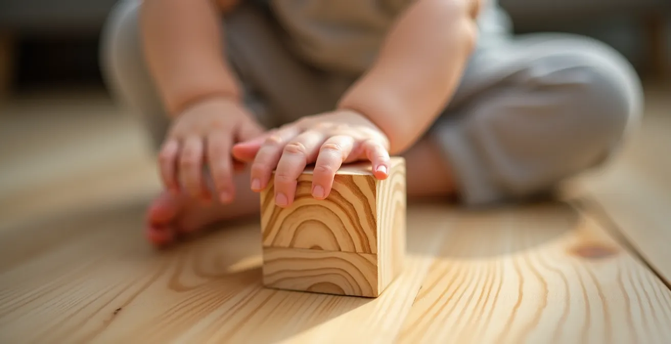 Toddler engaged in deep play with simple wooden blocks in clean, organized room with natural light