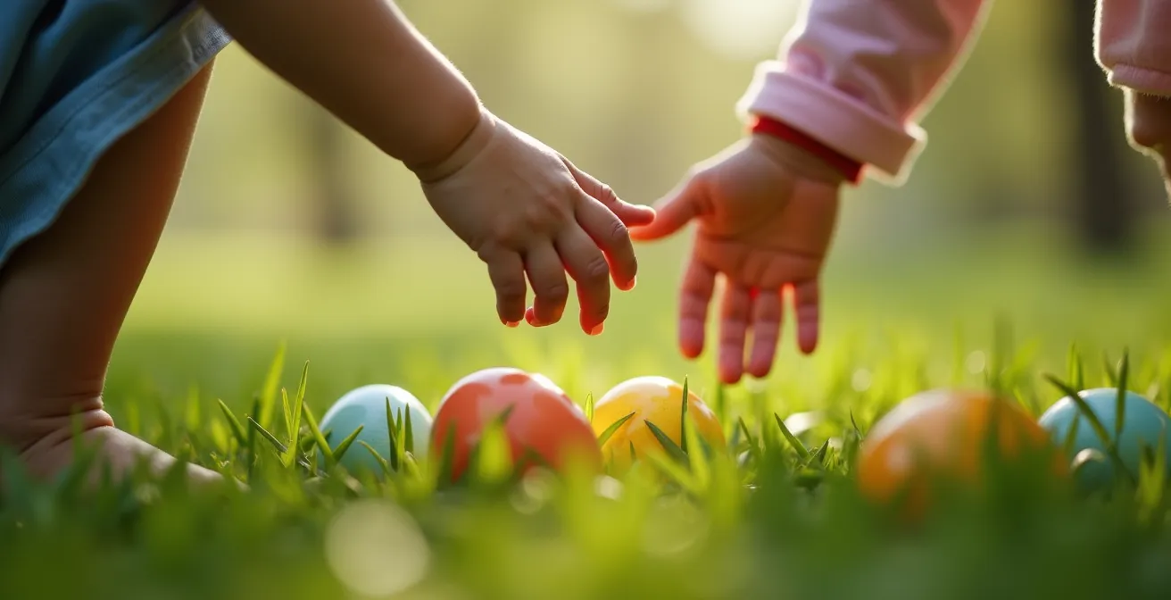 Older child helping toddler find eggs during an inclusive egg hunt activity