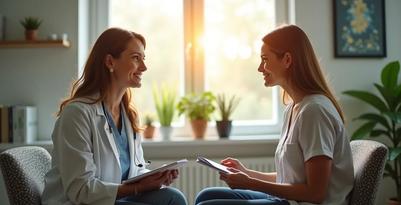 Woman having supportive conversation with healthcare provider
