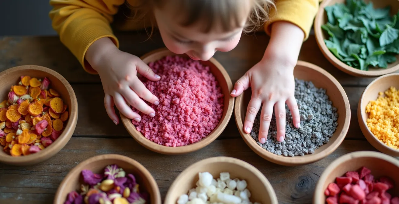 Colorful arrangement of natural glitter alternatives like dried flower petals and colored salt on a wooden surface