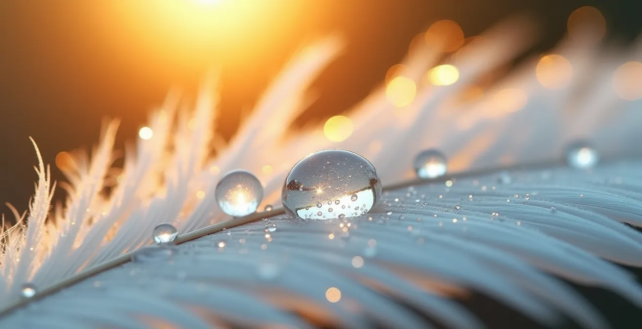 Macro shot of water droplets on delicate feather surface showing heat loss concept
