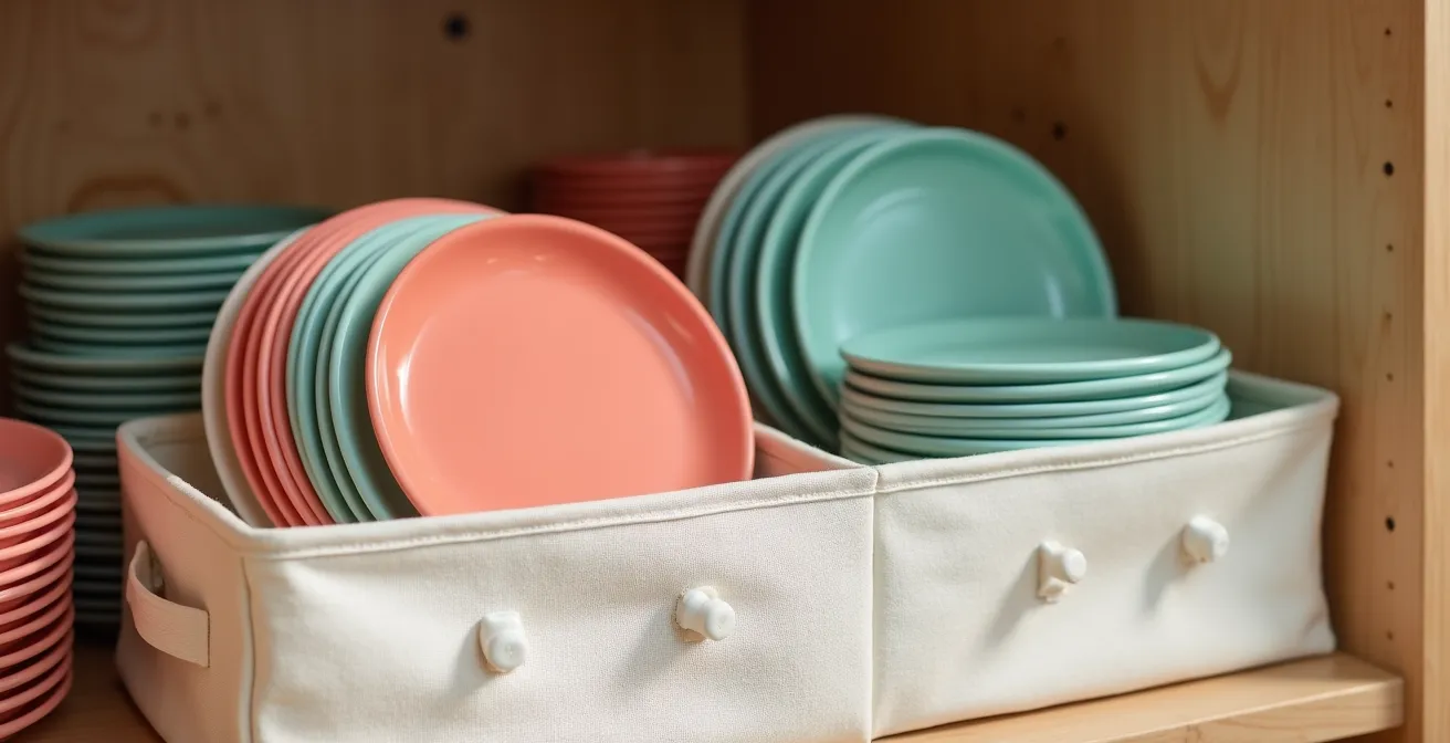 Neatly organized melamine plates stored with separators in ventilated container