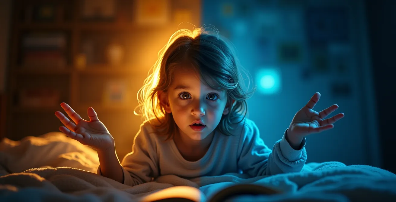 Adult and child sharing a story moment with animated expressions