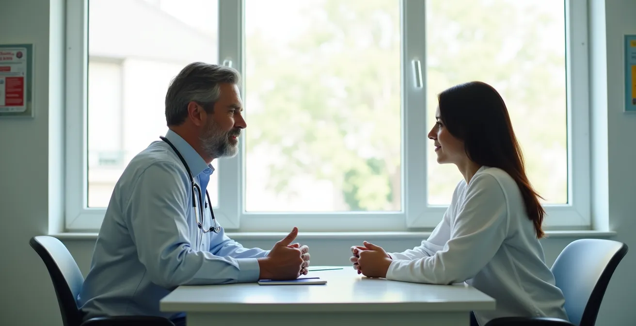 Parent and pediatrician engaged in respectful dialogue in medical office