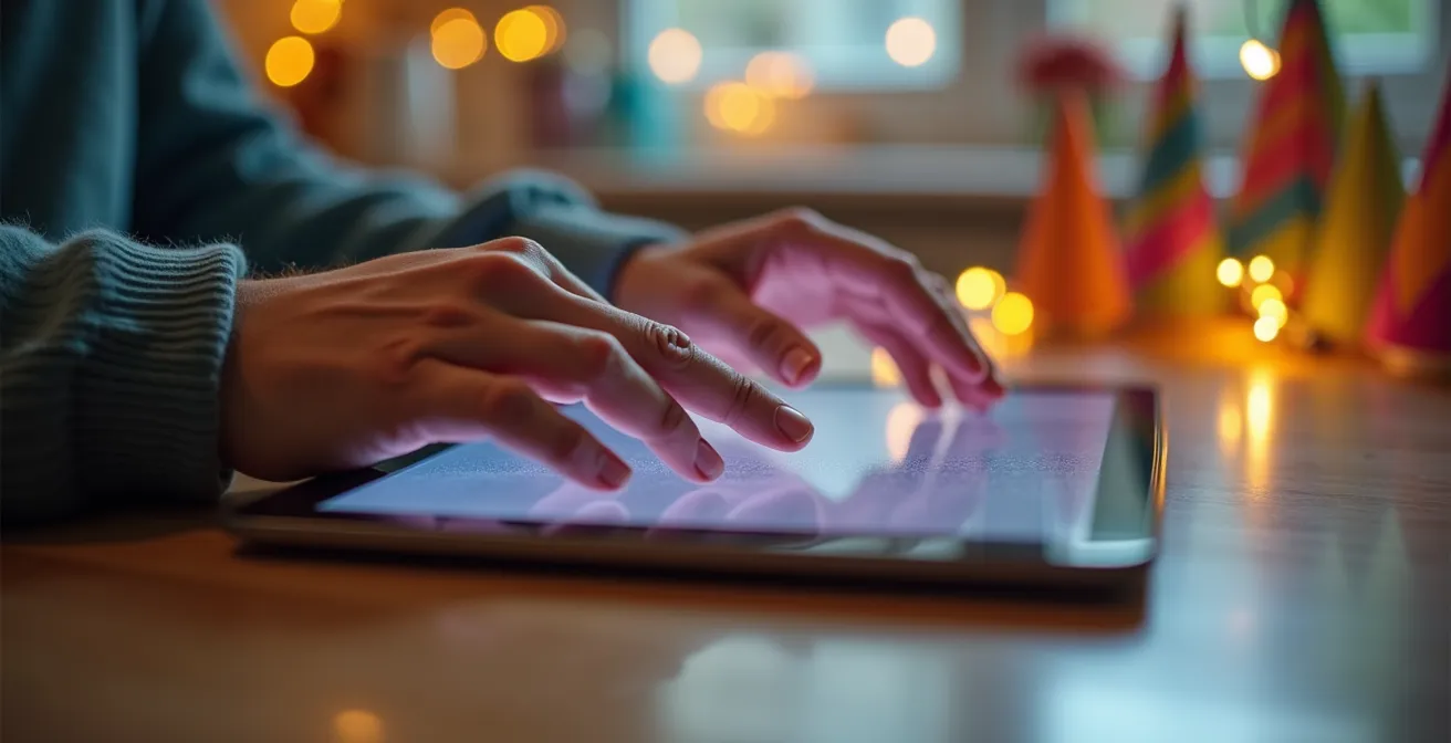 Parent efficiently managing party invitations on a tablet in their kitchen, with party supplies blurred in the background
