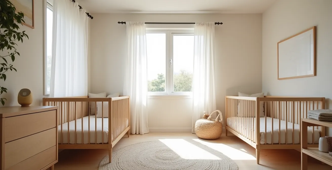 Quiet nursery setup showing strategic room arrangement for newborn and toddler sleep harmony