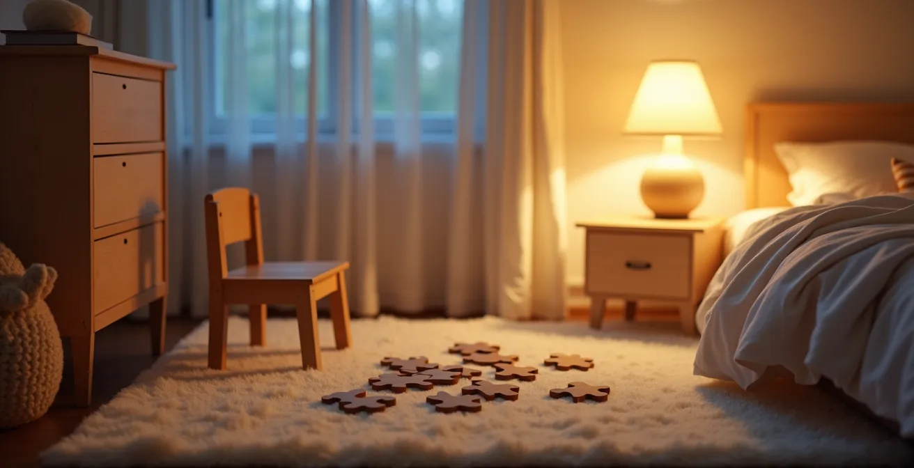 Serene evening scene of a toddler's bedroom with a puzzle on a soft rug in warm lamplight