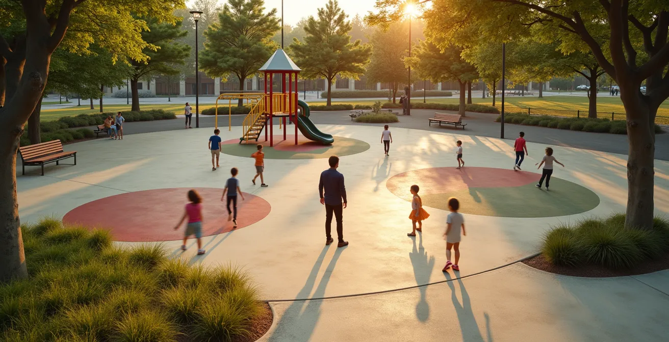 Wide angle view of playground showing optimal supervision positioning