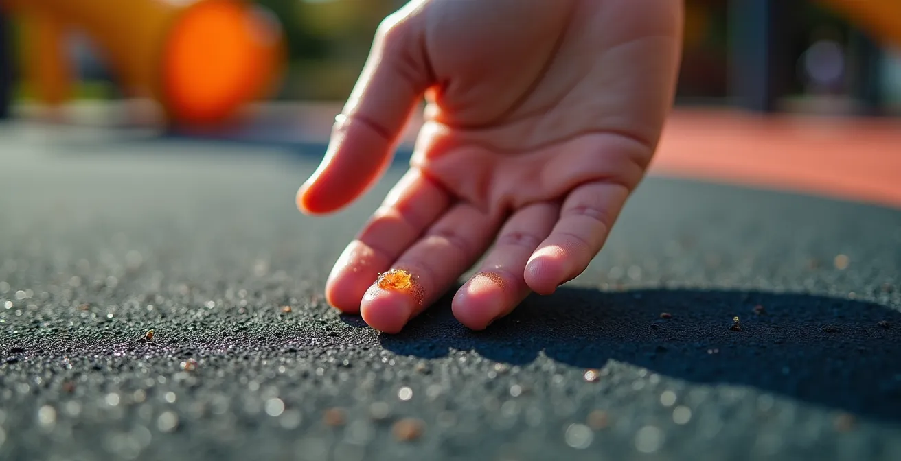 Close-up of hand testing playground surface temperature on a sunny day