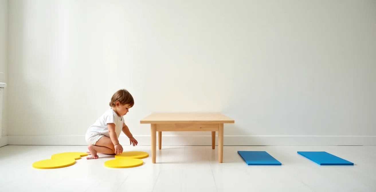 Child following a movement sequence path from left to right across a room