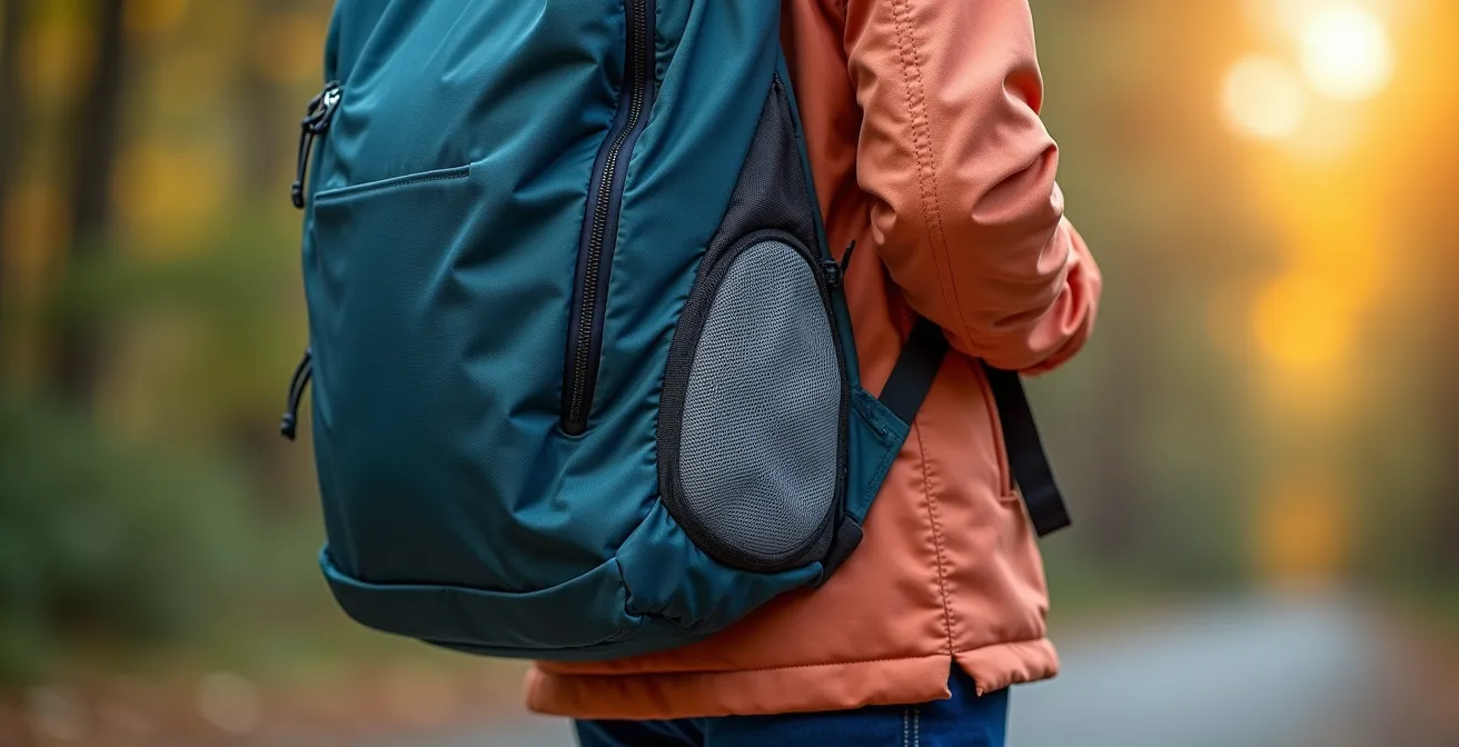 Close-up view of correctly adjusted backpack against child's lumbar curve